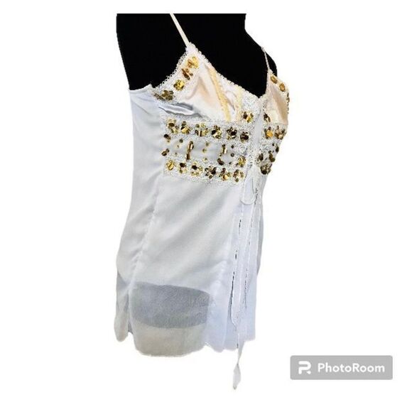 White Camisole Tank Top Sleeveless Top (OS) by MAPSI, Womens with Gold Sequin Pa - Picture 3 of 11